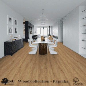 Pavimento SPC in vinile Wood della tonalità Paprika posato in una zona giorno moderna.