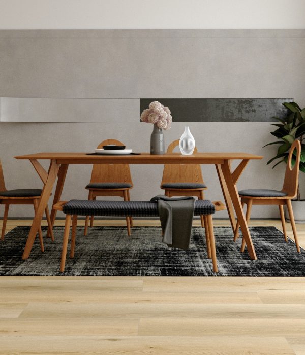 Una sala da pranzo con un tavolo e il pavimento ESPC per interni del modello XL.
